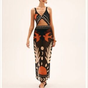 Viral Commense bird and palm print mesh cover-up maxi skirt
